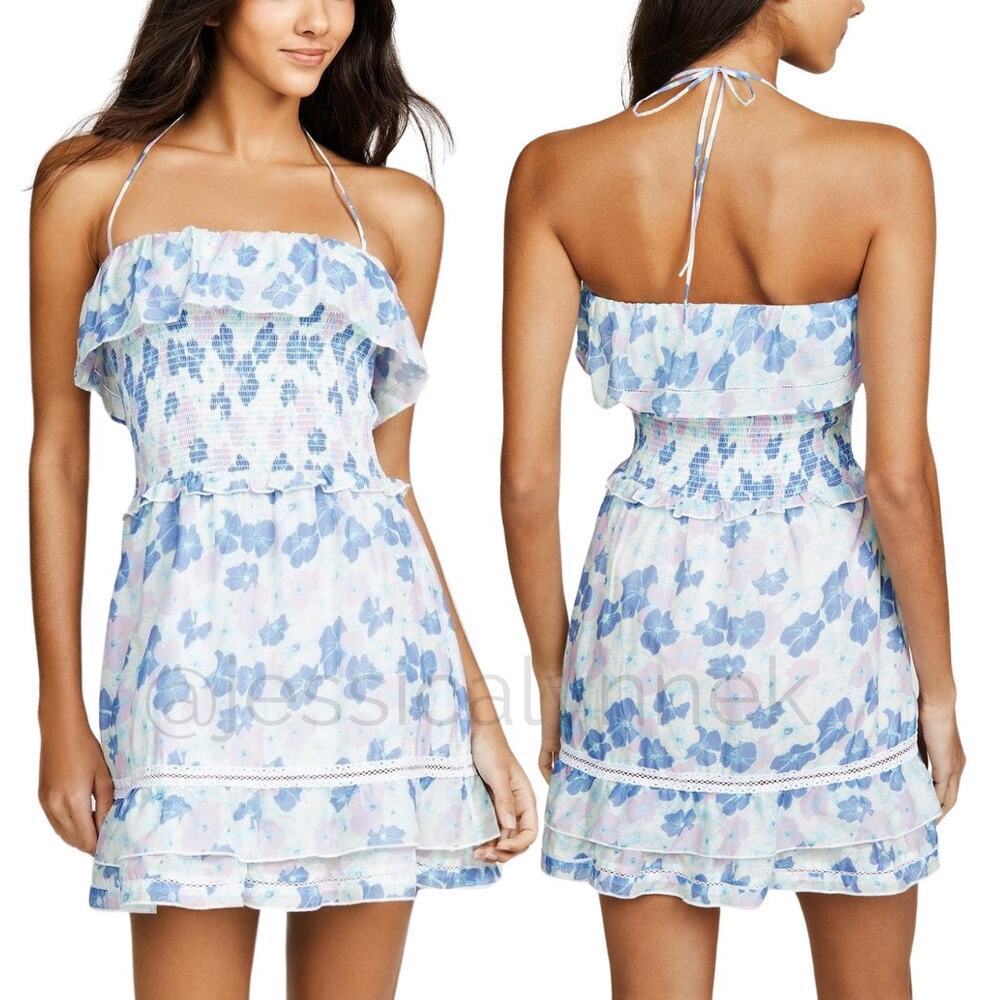 Kisuii Floral Cotton Silk Blend Smocked Ruffle Halter Mini Dress Light Blue- M